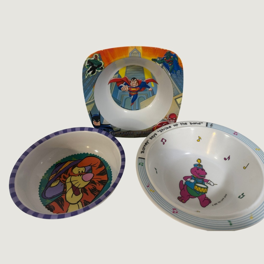 Vintage Melamine Bowl Lot Barney 1992 Disney Tigger Justice League DC Comics